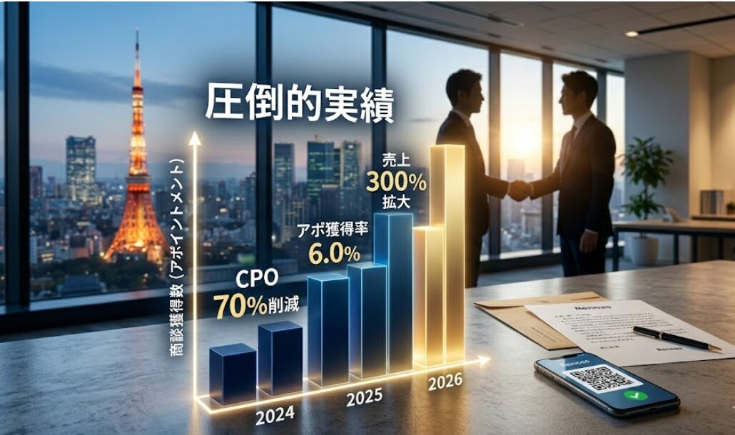 東証プライム上場企業のSaaS導入プロジェクトにおけるテレアポ代行実績。年間725件のアポイント獲得、CPO70%削減、売上300%拡大を示す右肩上がりの成長グラフ