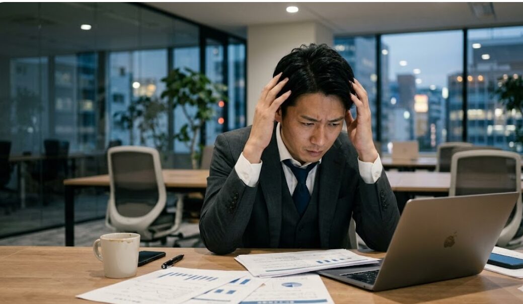 デスクで頭を抱えて悩む日本のビジネスマン